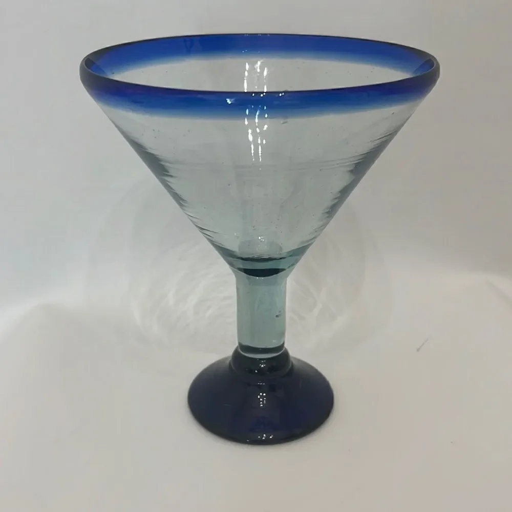 Blue Margarita Glass Hand Blown 4 Cups 6 1/2 In Round 7 3/4 Tall